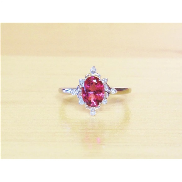 10k White Gold Pink Tourmaline Diamond Ring - Picture 2 of 8